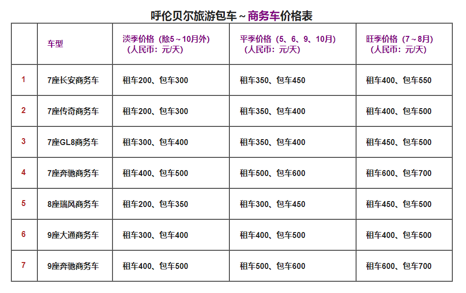 呼倫貝爾包車旅游商務車價格表